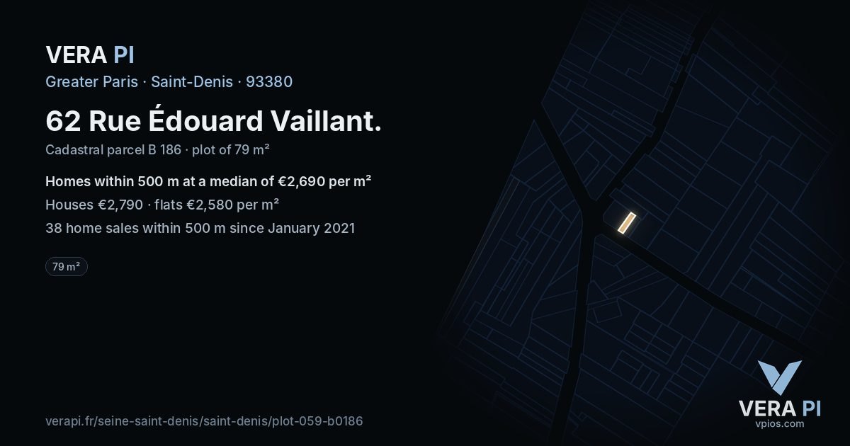 62 Rue Édouard Vaillant, Saint-Denis at night – the plot lit, the parcels around coloured by the prices near them