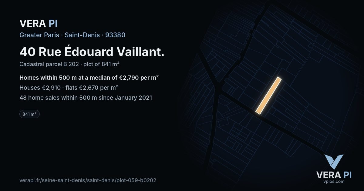 40 Rue Édouard Vaillant, Saint-Denis at night – the plot lit, the parcels around coloured by the prices near them
