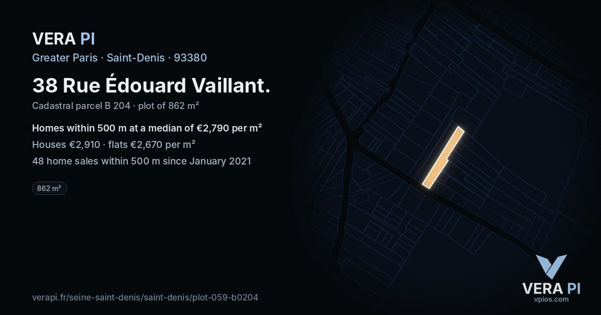 38 Rue Édouard Vaillant, Saint-Denis at night – the plot lit, the parcels around coloured by the prices near them