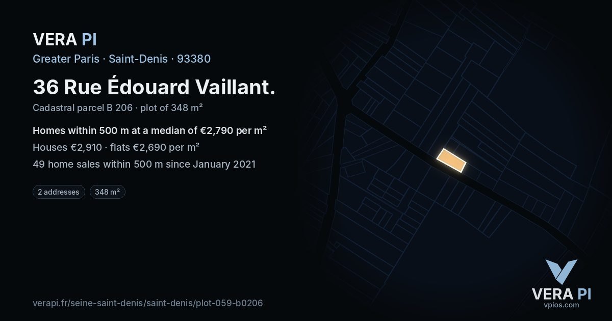 36 Rue Édouard Vaillant, Saint-Denis at night – the plot lit, the parcels around coloured by the prices near them