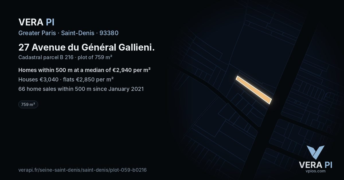 27 Avenue du Général Gallieni, Saint-Denis at night – the plot lit, the parcels around coloured by the prices near them