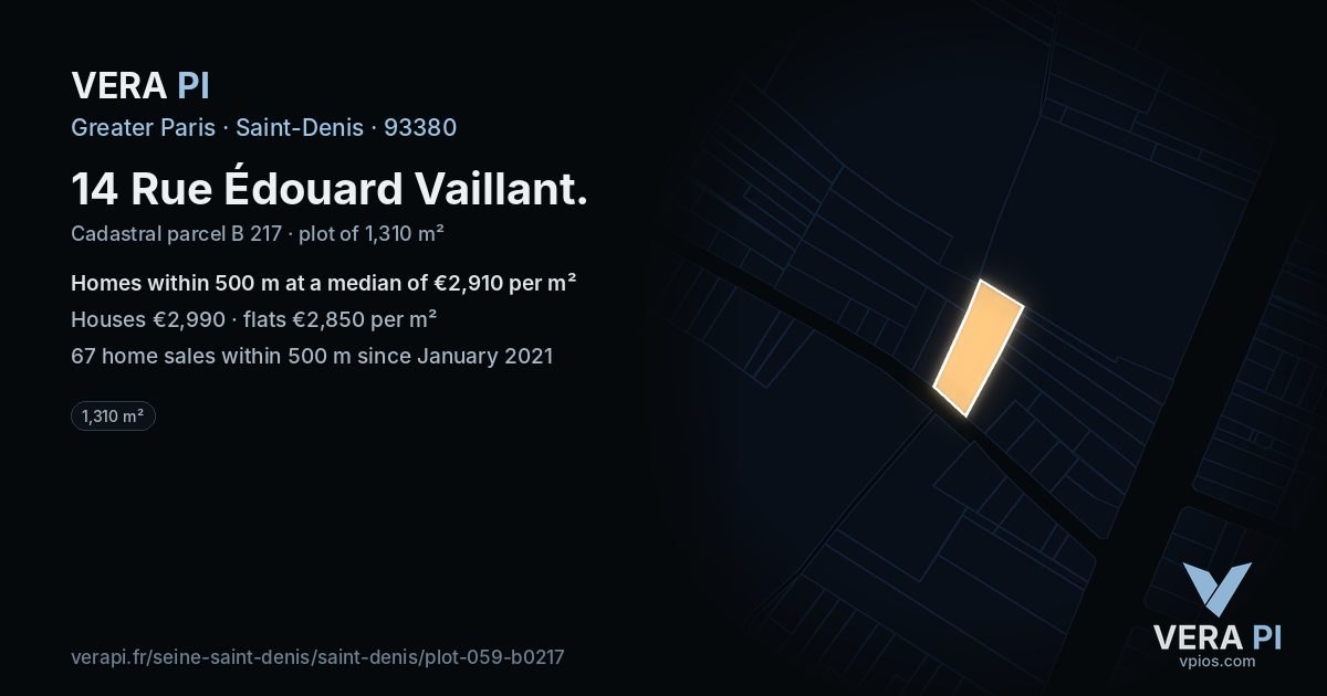 14 Rue Édouard Vaillant, Saint-Denis at night – the plot lit, the parcels around coloured by the prices near them