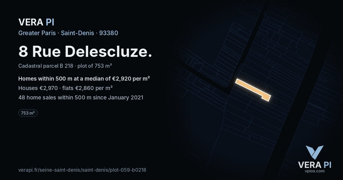 8 Rue Delescluze, Saint-Denis at night – the plot lit, the parcels around coloured by the prices near them