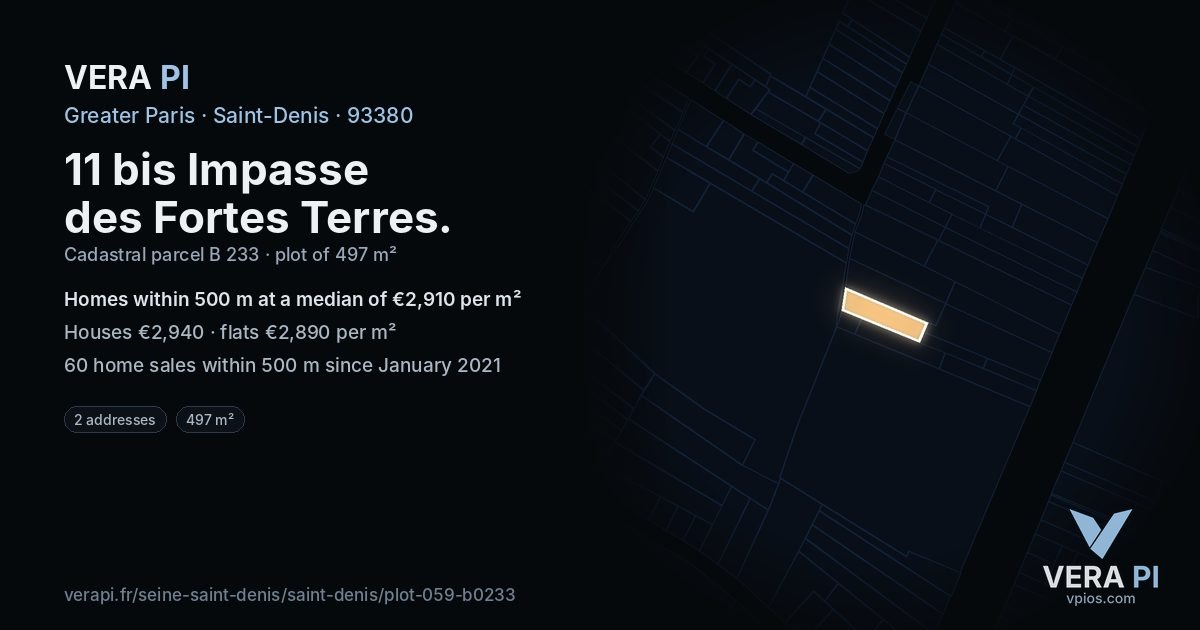 11 bis Impasse des Fortes Terres, Saint-Denis at night – the plot lit, the parcels around coloured by the prices near them