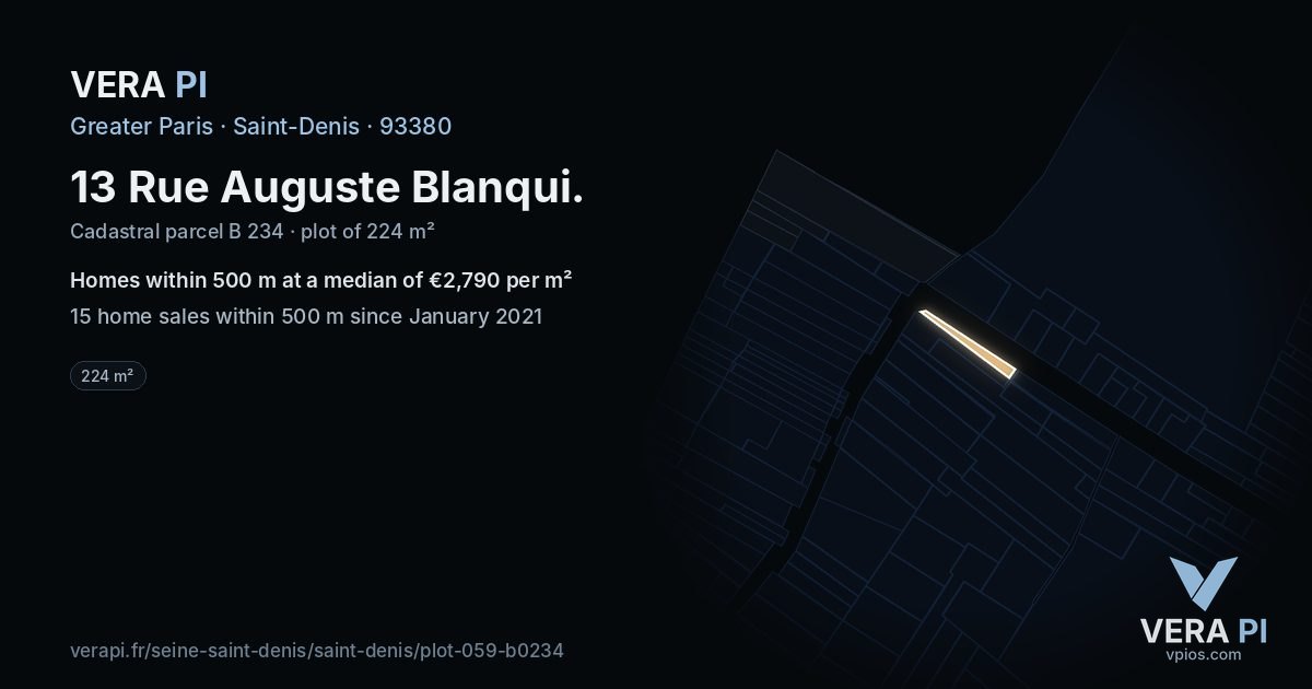 13 Rue Auguste Blanqui, Saint-Denis at night – the plot lit, the parcels around coloured by the prices near them