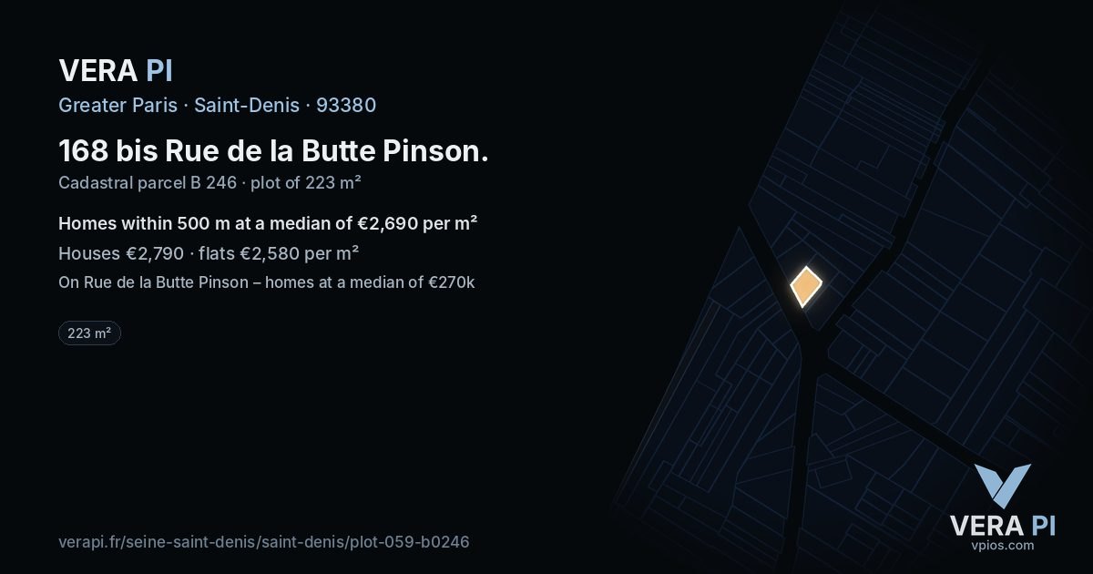168 bis Rue de la Butte Pinson, Saint-Denis at night – the plot lit, the parcels around coloured by the prices near them
