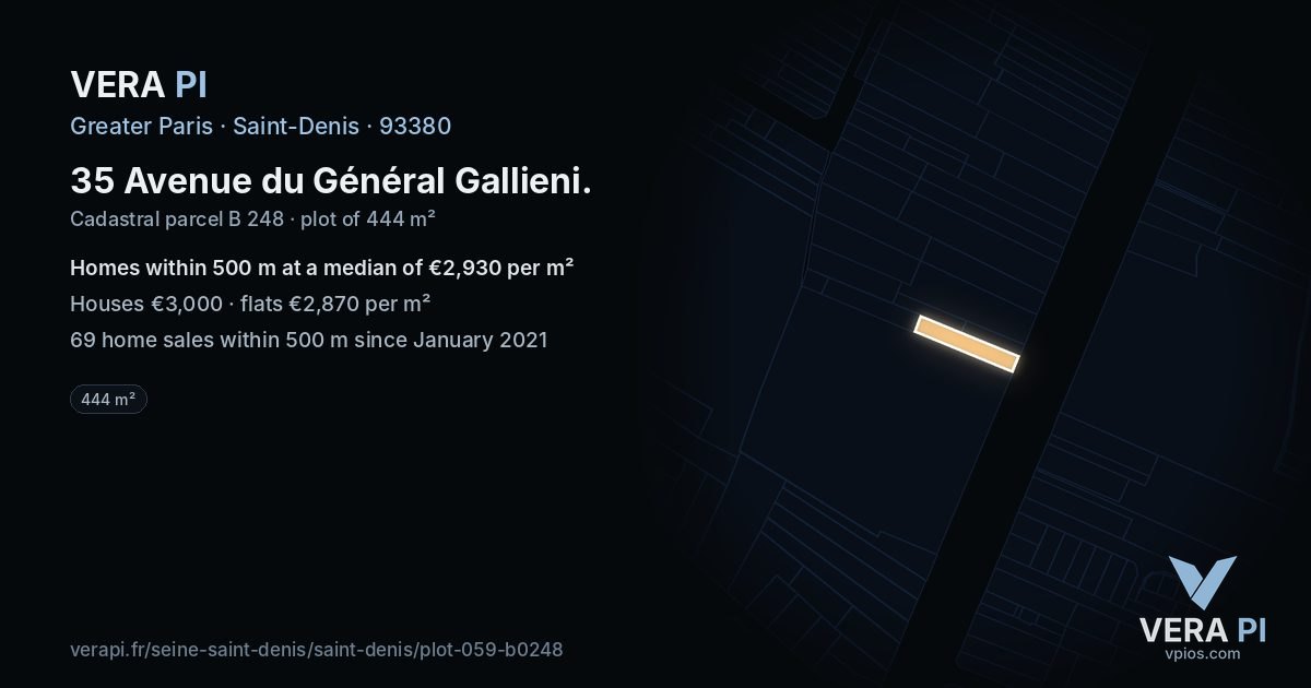 35 Avenue du Général Gallieni, Saint-Denis at night – the plot lit, the parcels around coloured by the prices near them