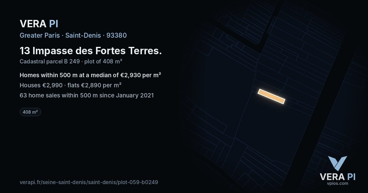 13 Impasse des Fortes Terres, Saint-Denis at night – the plot lit, the parcels around coloured by the prices near them