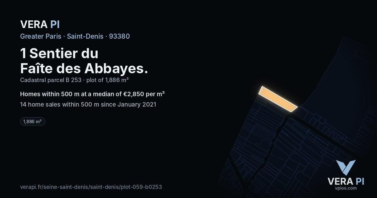 1 Sentier du Faîte des Abbayes, Saint-Denis at night – the plot lit, the parcels around coloured by the prices near them