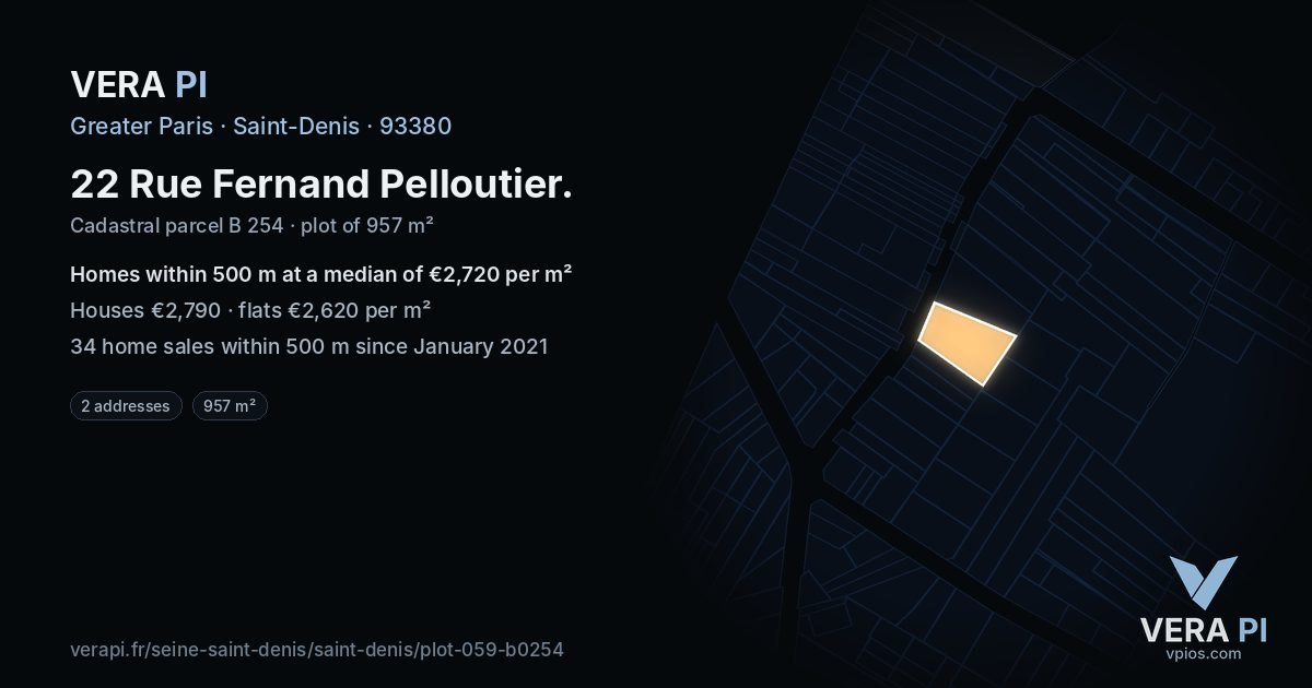 22 Rue Fernand Pelloutier, Saint-Denis at night – the plot lit, the parcels around coloured by the prices near them