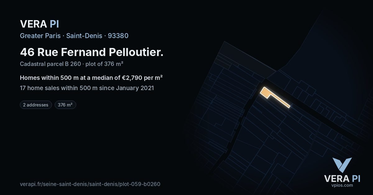 46 Rue Fernand Pelloutier, Saint-Denis at night – the plot lit, the parcels around coloured by the prices near them