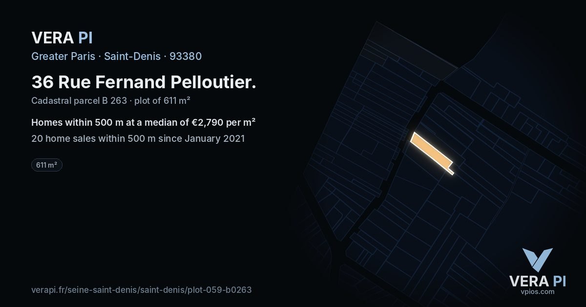 36 Rue Fernand Pelloutier, Saint-Denis at night – the plot lit, the parcels around coloured by the prices near them