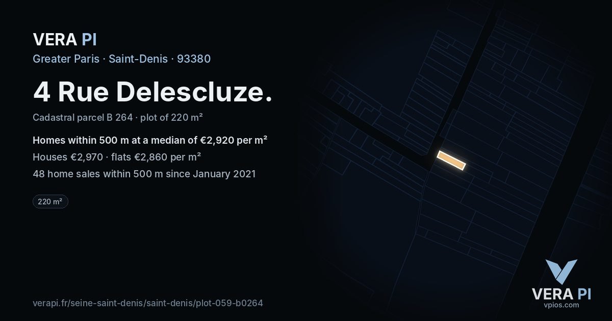 4 Rue Delescluze, Saint-Denis at night – the plot lit, the parcels around coloured by the prices near them