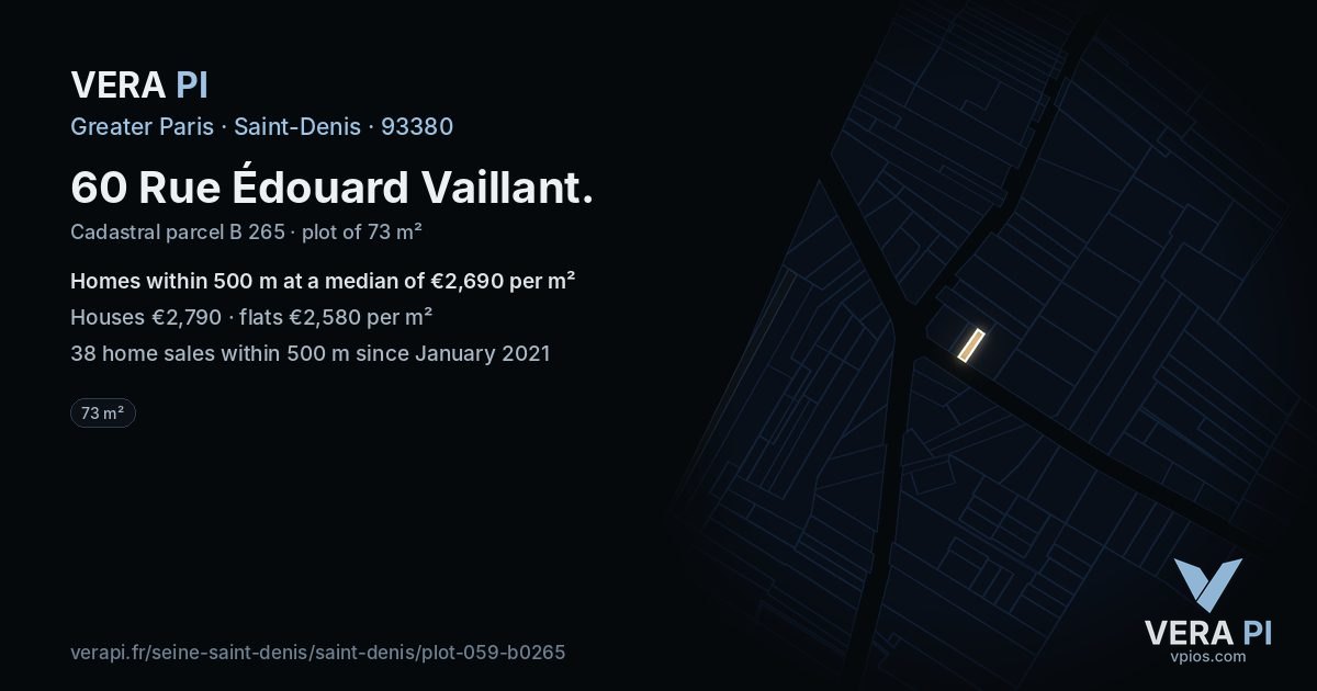 60 Rue Édouard Vaillant, Saint-Denis at night – the plot lit, the parcels around coloured by the prices near them
