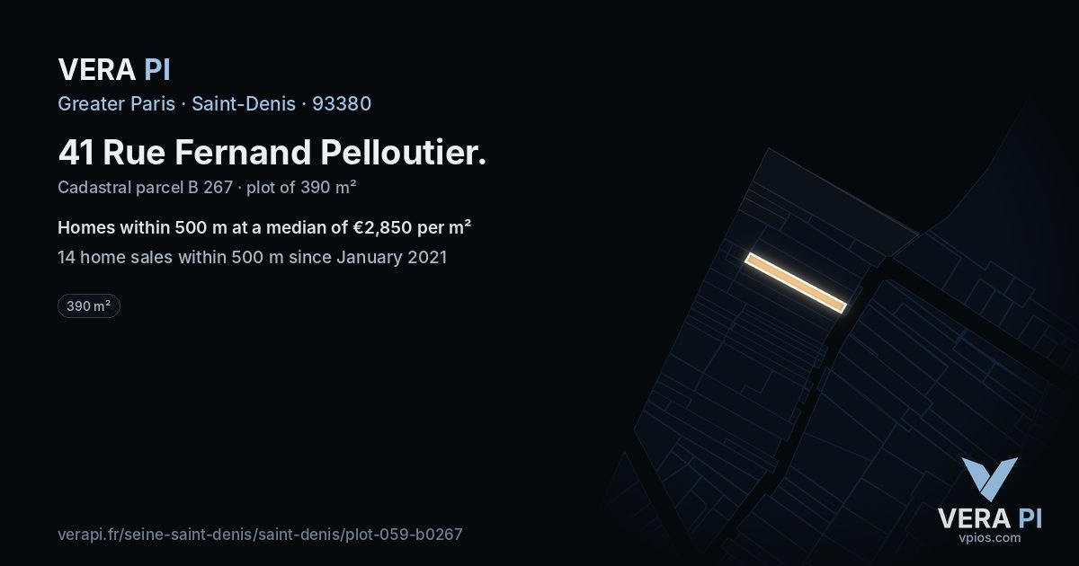 41 Rue Fernand Pelloutier, Saint-Denis at night – the plot lit, the parcels around coloured by the prices near them