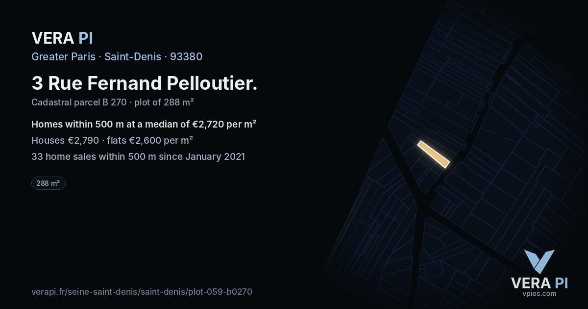 3 Rue Fernand Pelloutier, Saint-Denis at night – the plot lit, the parcels around coloured by the prices near them