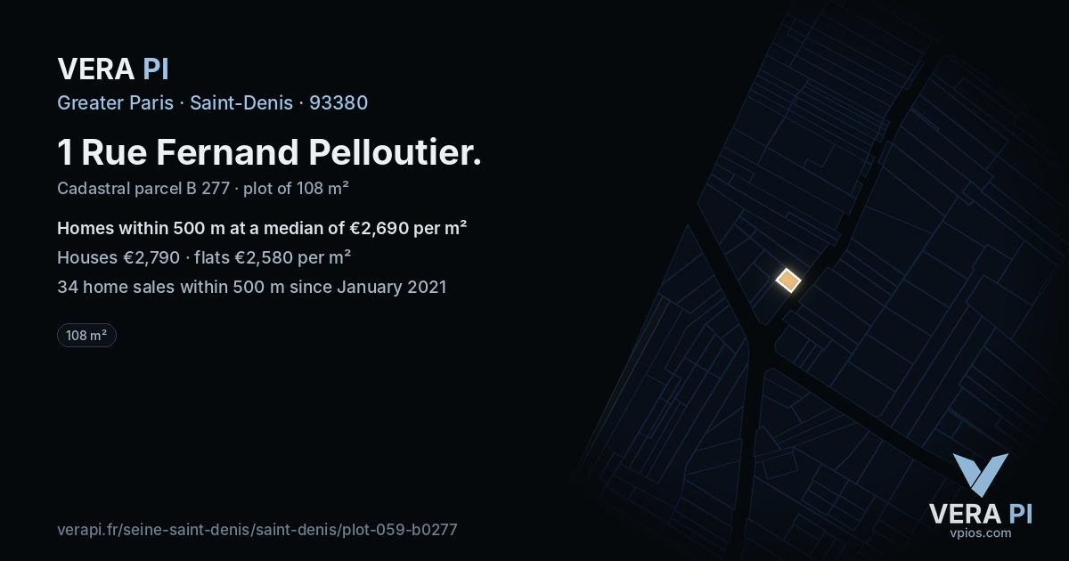 1 Rue Fernand Pelloutier, Saint-Denis at night – the plot lit, the parcels around coloured by the prices near them