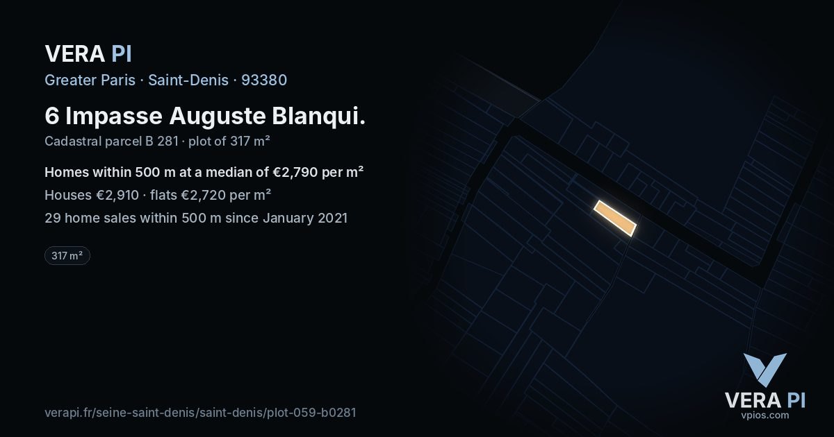 6 Impasse Auguste Blanqui, Saint-Denis at night – the plot lit, the parcels around coloured by the prices near them