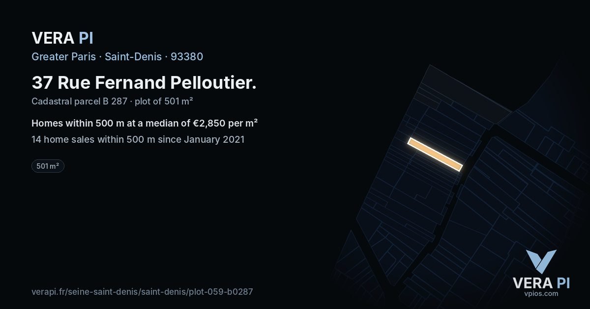 37 Rue Fernand Pelloutier, Saint-Denis at night – the plot lit, the parcels around coloured by the prices near them