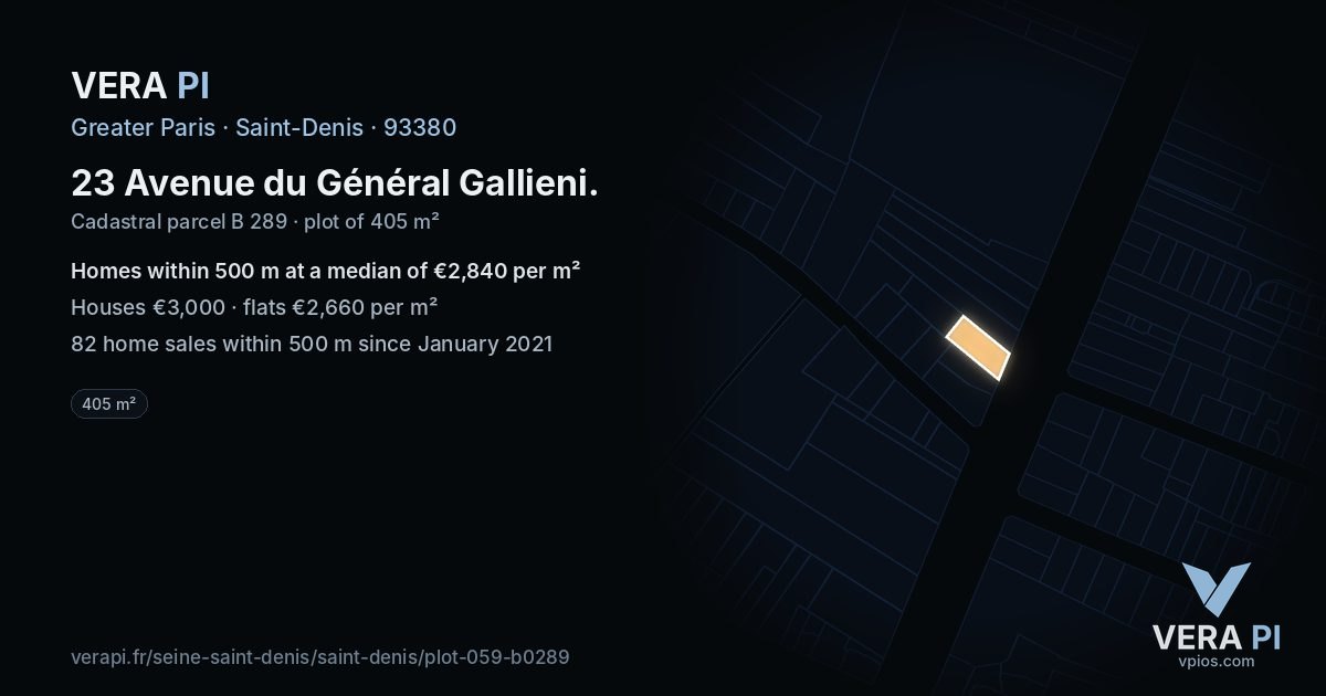 23 Avenue du Général Gallieni, Saint-Denis at night – the plot lit, the parcels around coloured by the prices near them