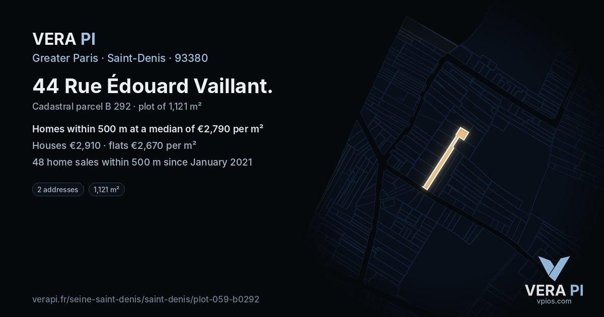 44 Rue Édouard Vaillant, Saint-Denis at night – the plot lit, the parcels around coloured by the prices near them