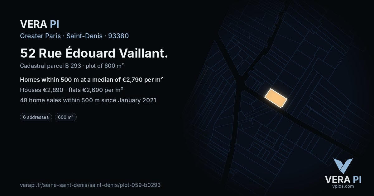 52 Rue Édouard Vaillant, Saint-Denis at night – the plot lit, the parcels around coloured by the prices near them