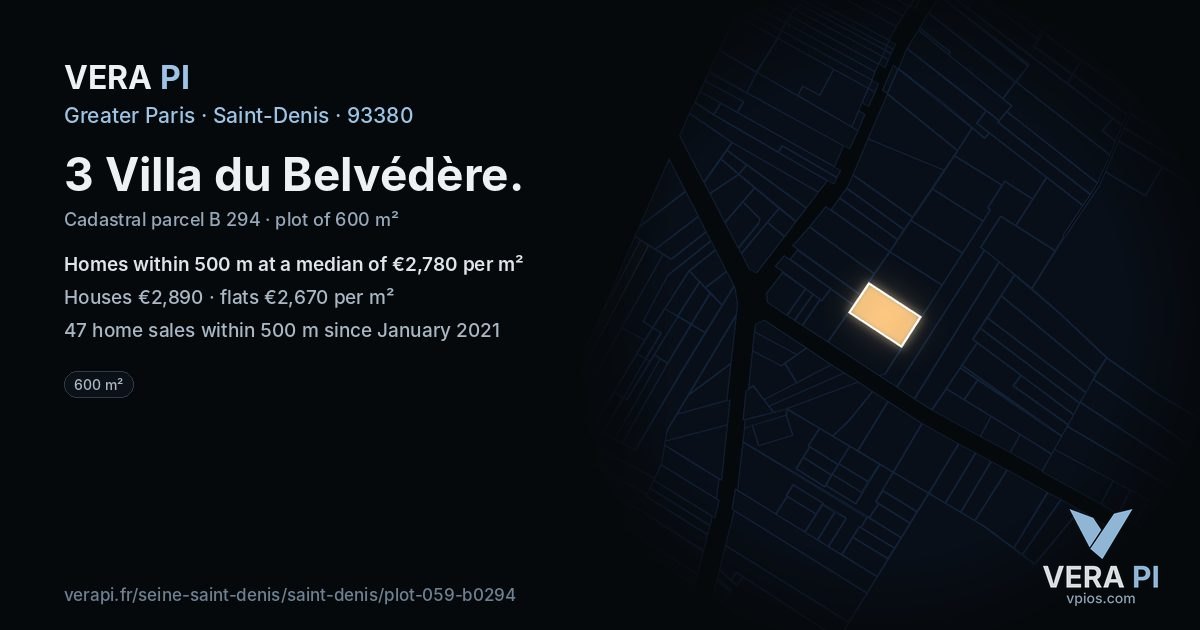3 Villa du Belvédère, Saint-Denis at night – the plot lit, the parcels around coloured by the prices near them