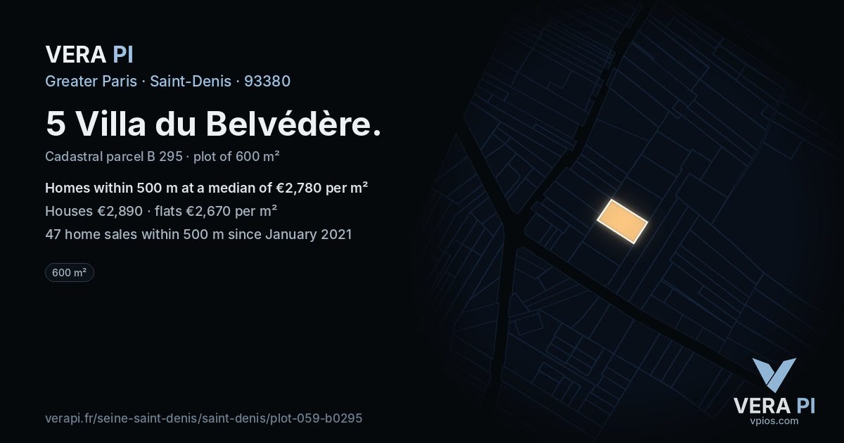 5 Villa du Belvédère, Saint-Denis at night – the plot lit, the parcels around coloured by the prices near them