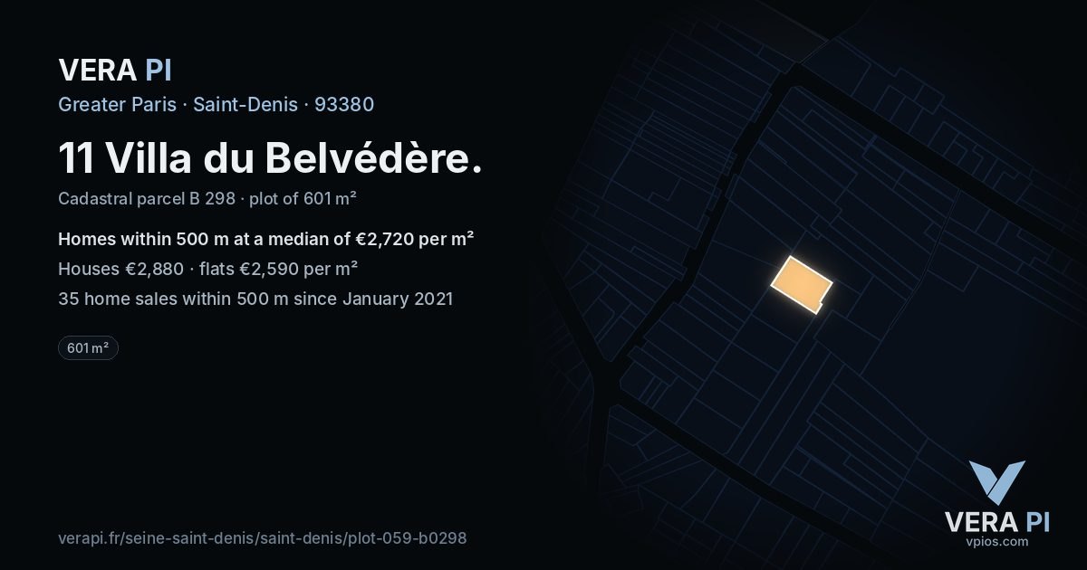 11 Villa du Belvédère, Saint-Denis at night – the plot lit, the parcels around coloured by the prices near them