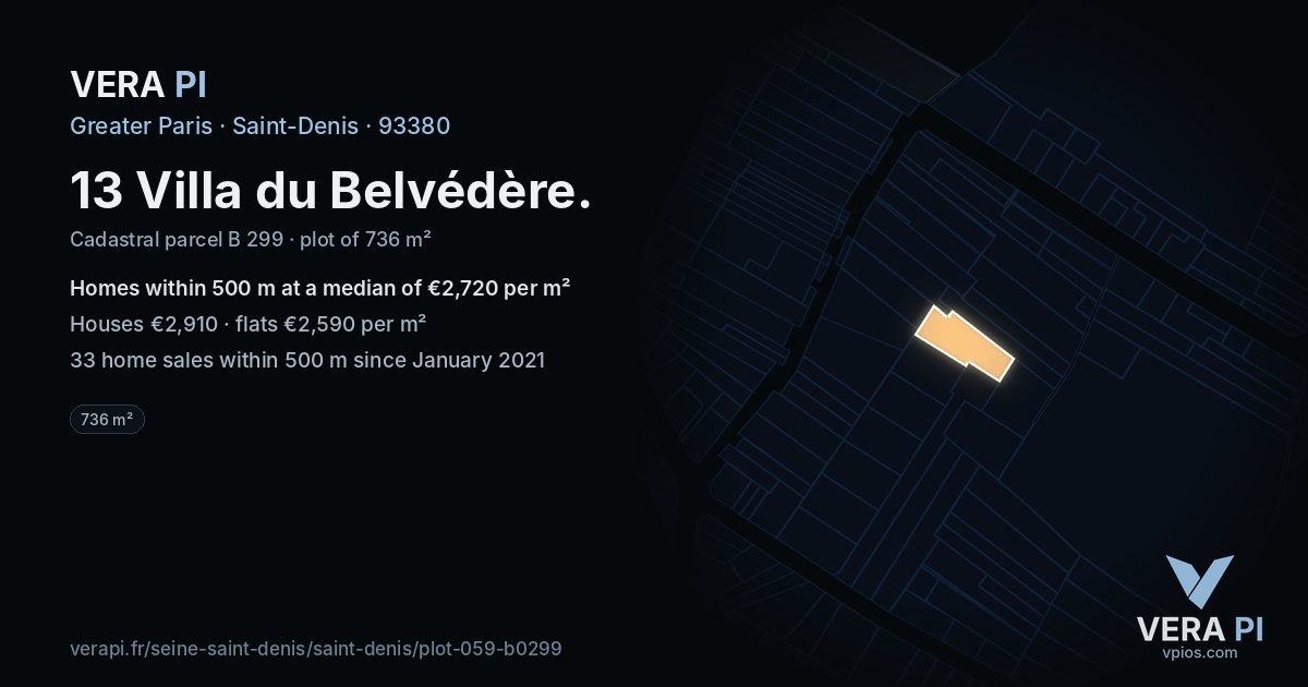 13 Villa du Belvédère, Saint-Denis at night – the plot lit, the parcels around coloured by the prices near them