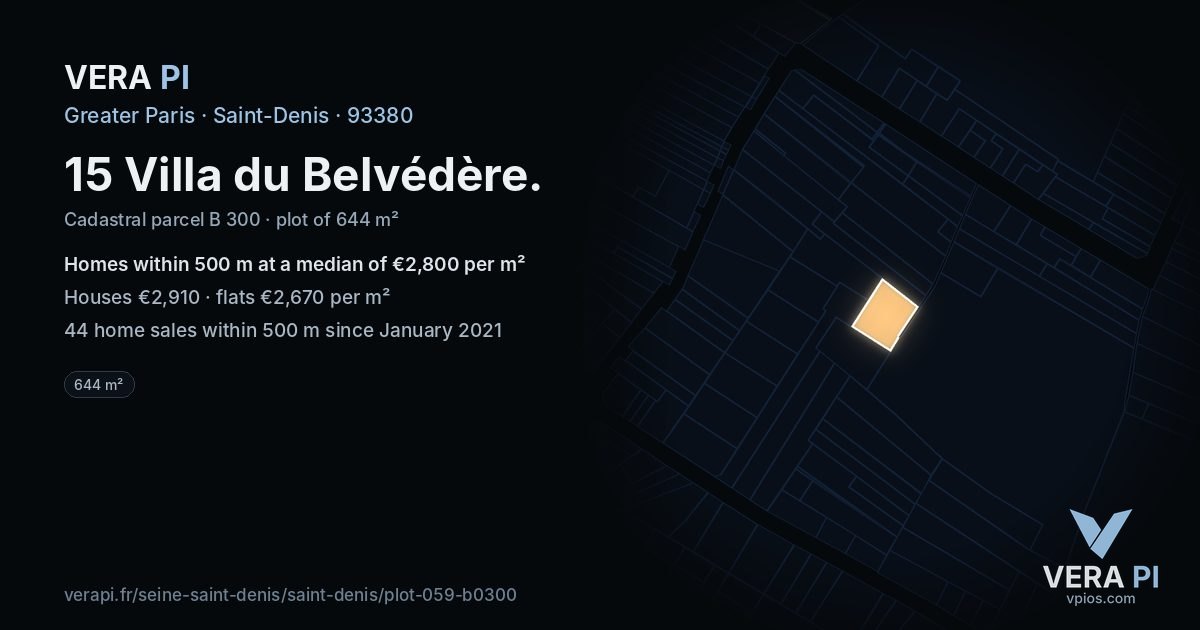 15 Villa du Belvédère, Saint-Denis at night – the plot lit, the parcels around coloured by the prices near them