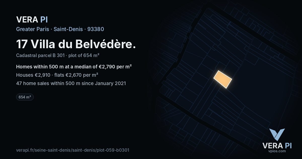 17 Villa du Belvédère, Saint-Denis at night – the plot lit, the parcels around coloured by the prices near them