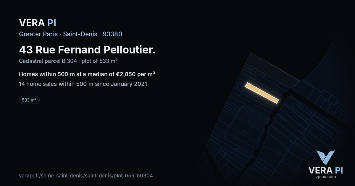 43 Rue Fernand Pelloutier, Saint-Denis at night – the plot lit, the parcels around coloured by the prices near them
