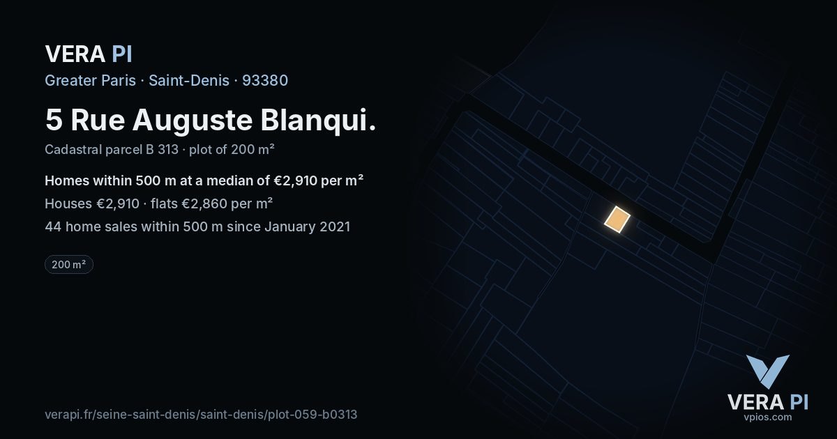5 Rue Auguste Blanqui, Saint-Denis at night – the plot lit, the parcels around coloured by the prices near them