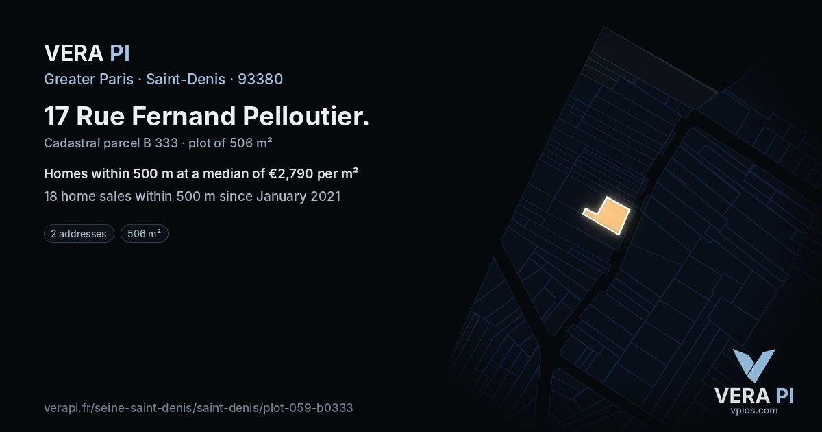 17 Rue Fernand Pelloutier, Saint-Denis at night – the plot lit, the parcels around coloured by the prices near them