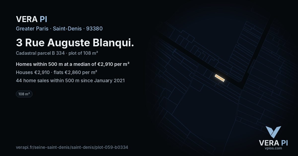 3 Rue Auguste Blanqui, Saint-Denis at night – the plot lit, the parcels around coloured by the prices near them