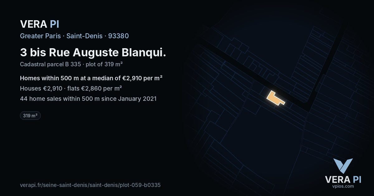 3 bis Rue Auguste Blanqui, Saint-Denis at night – the plot lit, the parcels around coloured by the prices near them