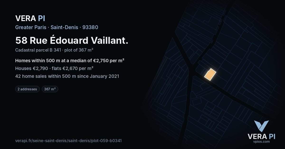 58 Rue Édouard Vaillant, Saint-Denis at night – the plot lit, the parcels around coloured by the prices near them
