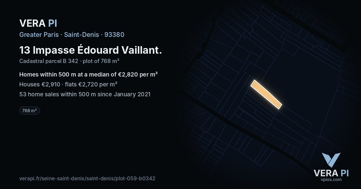 13 Impasse Édouard Vaillant, Saint-Denis at night – the plot lit, the parcels around coloured by the prices near them