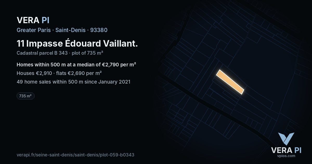 11 Impasse Édouard Vaillant, Saint-Denis at night – the plot lit, the parcels around coloured by the prices near them
