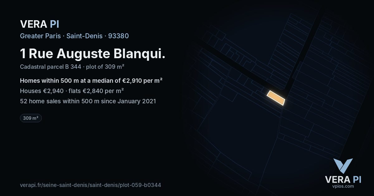 1 Rue Auguste Blanqui, Saint-Denis at night – the plot lit, the parcels around coloured by the prices near them