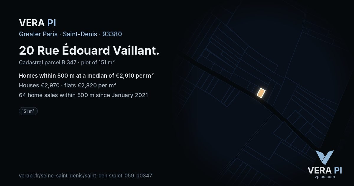 20 Rue Édouard Vaillant, Saint-Denis at night – the plot lit, the parcels around coloured by the prices near them