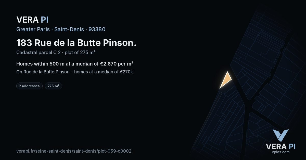 183 Rue de la Butte Pinson, Saint-Denis at night – the plot lit, the parcels around coloured by the prices near them