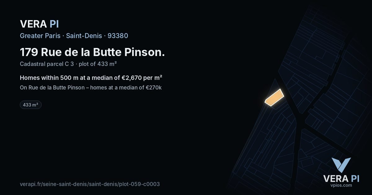 179 Rue de la Butte Pinson, Saint-Denis at night – the plot lit, the parcels around coloured by the prices near them