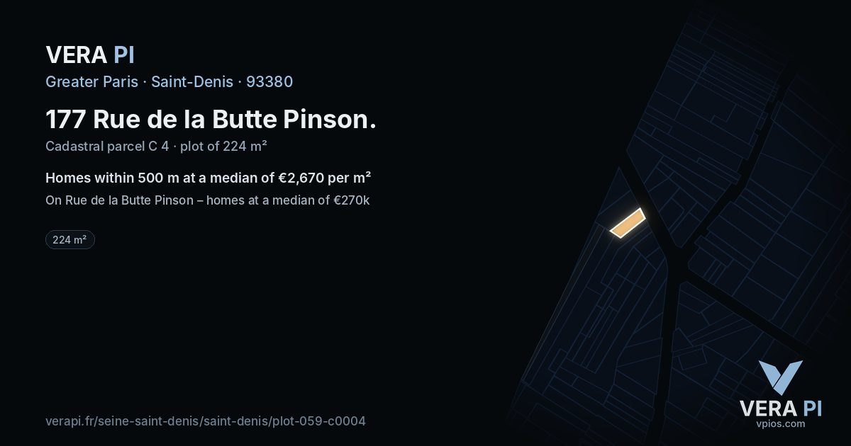 177 Rue de la Butte Pinson, Saint-Denis at night – the plot lit, the parcels around coloured by the prices near them