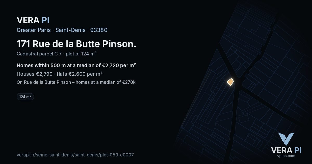 171 Rue de la Butte Pinson, Saint-Denis at night – the plot lit, the parcels around coloured by the prices near them