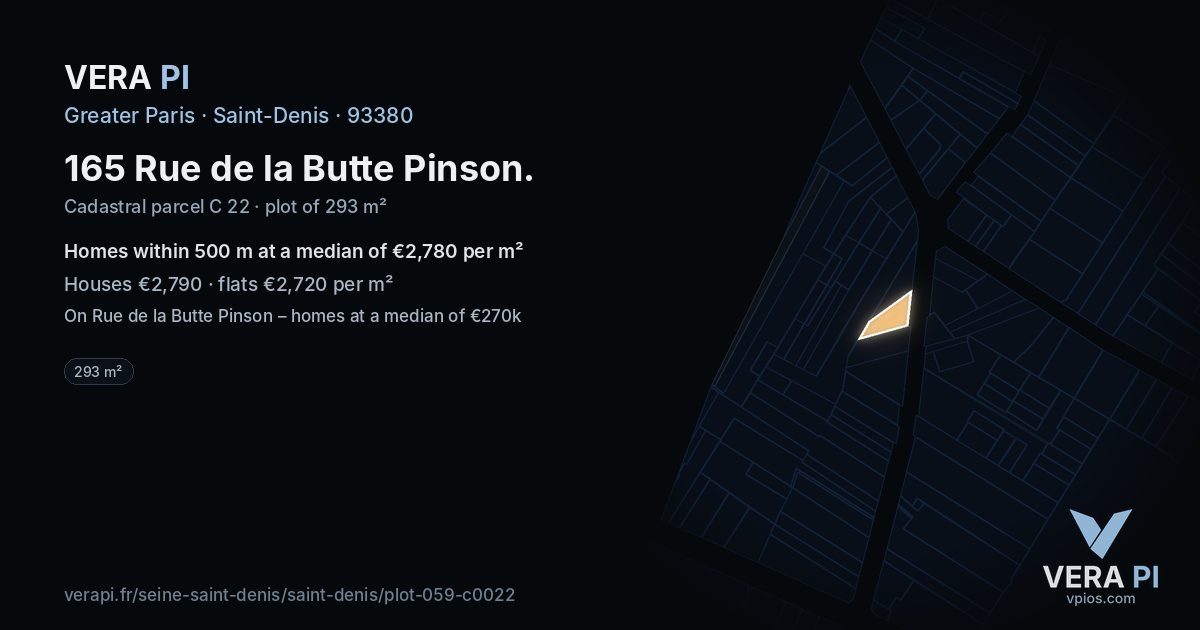 165 Rue de la Butte Pinson, Saint-Denis at night – the plot lit, the parcels around coloured by the prices near them