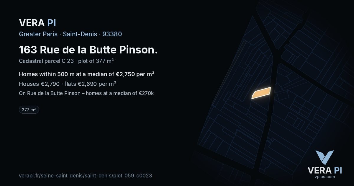 163 Rue de la Butte Pinson, Saint-Denis at night – the plot lit, the parcels around coloured by the prices near them