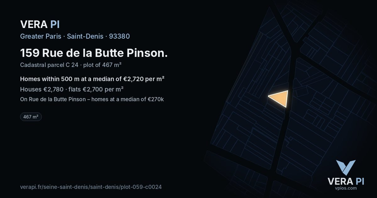 159 Rue de la Butte Pinson, Saint-Denis at night – the plot lit, the parcels around coloured by the prices near them