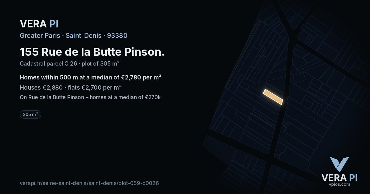 155 Rue de la Butte Pinson, Saint-Denis at night – the plot lit, the parcels around coloured by the prices near them